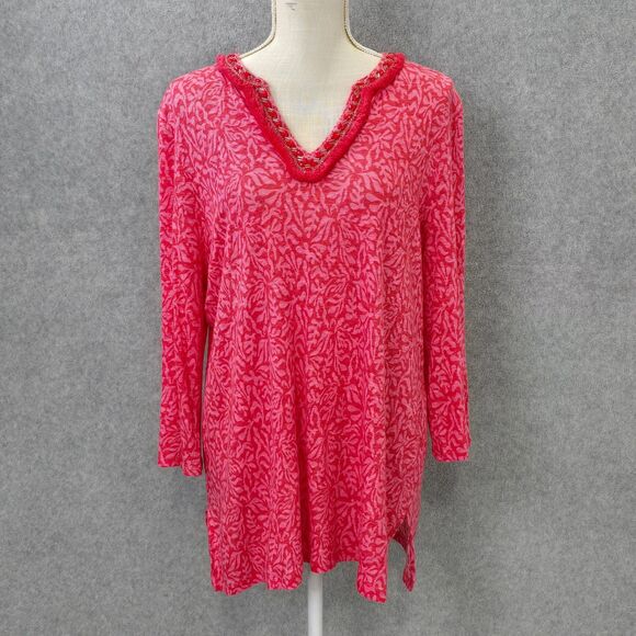 Chico’s Size 3 XL Reef Pink Red Linen Beaded Embellished Split Neck Tunic Top - Picture 1 of 14